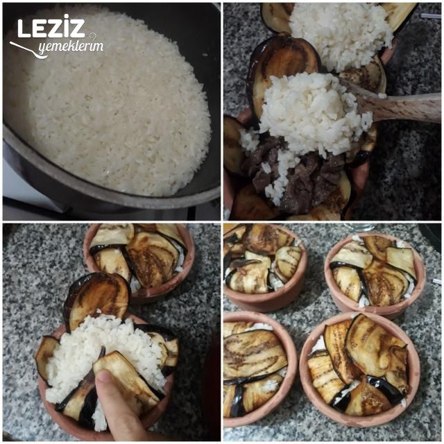 Porsiyonluk Güveçlerde Patlıcan Perdeli Kavurmalı Pilav