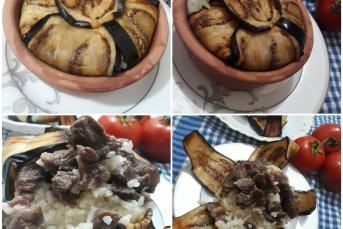 Porsiyonluk Güveçlerde Patlıcan Perdeli Kavurmalı Pilav